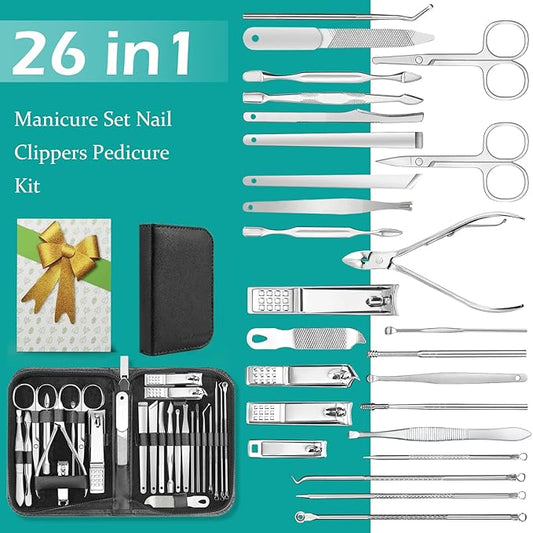 26-Piece Professional Manicure and Pedicure Kit, Nail Clippers Set, Stainless Steel Nail Care Tools with Travel Case, Silver White