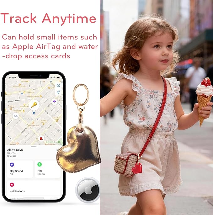 Leather Charm Keychain Holder Case Compatible with AirTag,Cute Protective Heart-Shaped Cover with Luxe Ring Clip,Finder GPS Tracker Case for Wallet Keys,Bag,Pets(Golden)