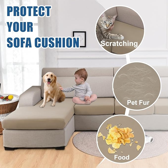 100% Waterproof Couch Cushion Covers L Shaped Chaise Cover, Stretch Seat Covers for Sectional Sofa, Reversible Couch Sofa Protector Covers for Kids Pets (Chaise Cover, Sand)