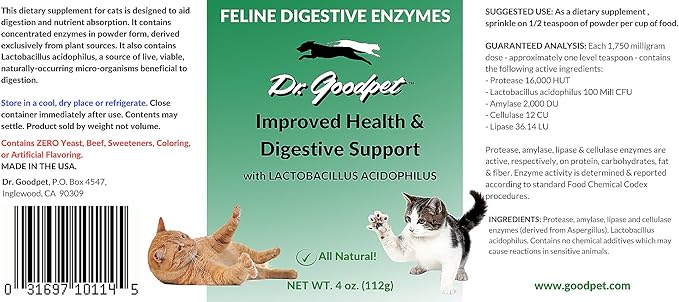 Dr. Goodpet Feline Digestive Enzymes with Probiotics & Prebiotics – Daily Digestive Support Powder for Cats – Promotes Cat Digestion, Nutrient Absorption & Healthy Stool – Vegan