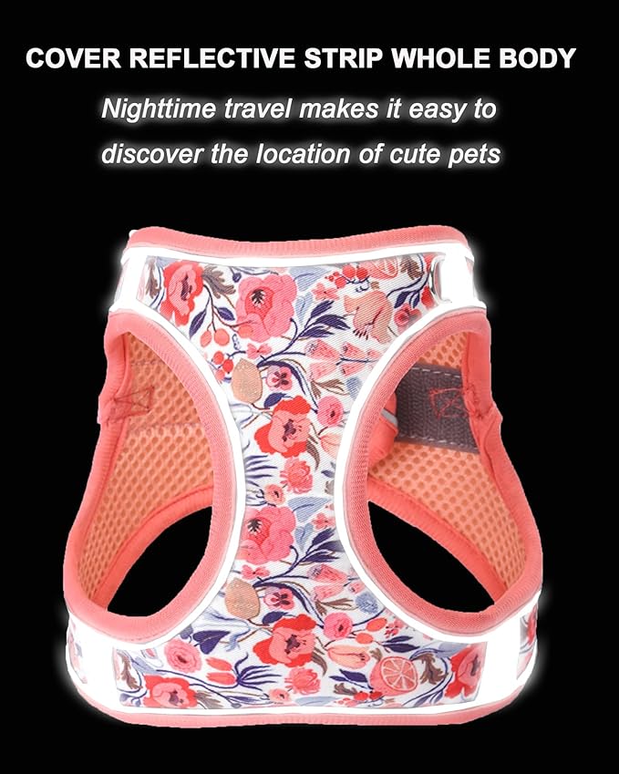 M Peach Flower Pattern Dog Harness and Leash Set,No Escape Puppy Harnesses for Training Walking,Breathable Adjustable Puppy Vest for Small Medium Dogs, Cats (Peach, M)