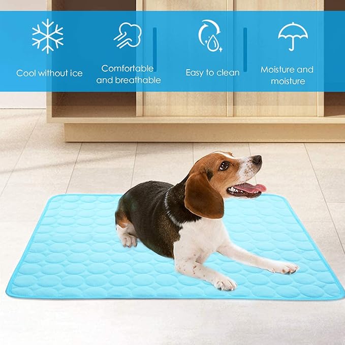 Mannice Dog Cooling Mat, Pet Cooling Mat for Dogs Cooling Blanket for Dogs Dog Cooling Pad for Kennels, Crates, Cars, Indoor & Outdoor Ice Silk Cooling Mat for Extra Large Dogs (Blue, L(28 * 22"))
