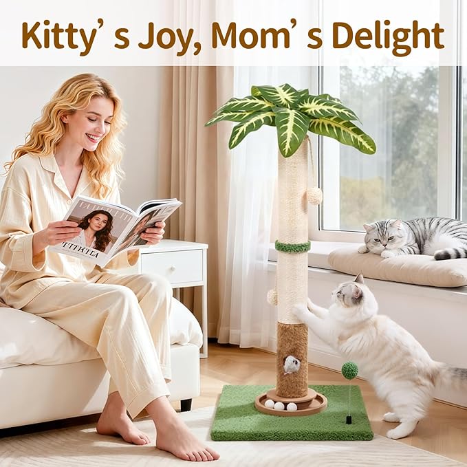 Tall Cat Scratching Post Vertical Pole for Indoor, 35" Palm Tree Sisal Scratch Post for Large Adult Cats Kittens, Heavy Duty Wooden Carpet Pole with Ball Track Leaves, Furniture Protection