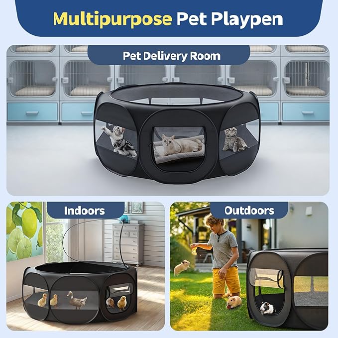 VavoPaw Small Animal Playpen, Chicken Brooder Box with Cover Top, Portable Outdoor Exercise Pet Cage Tent, Waterproof Breathable Pet playpen Indoor for Chick Ktiien Bunny Hamster Guinea Pig, Black