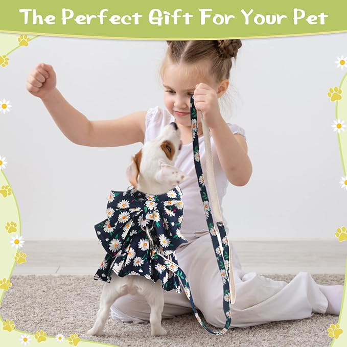 Sanwuta 4 Pack Harness Dog Dress Bowknot Leash Set Floral Princess Dog Harness Dress Vest with Leash Pet Doggy Outfits for Outdoor Walking, 4 Colors(X-Small)