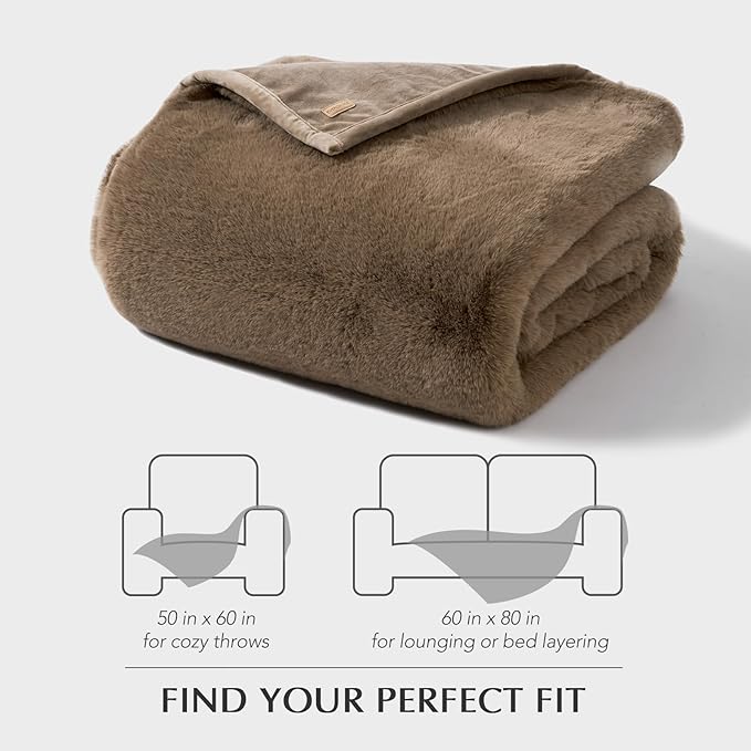 EVERGRACEHOME Luxury Soft Faux Chinchilla Fur Throw Blanket for Couch, Warm Thick Heavy Winter Throw Blanket 1220GSM for Bed, Fluffy Cozy Mink Blanket with Reversible Velvet, Tawny Mink, 60"x80"