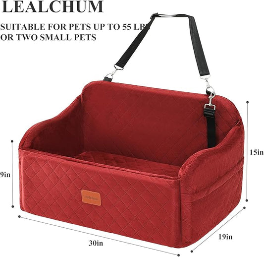 Lealchum Dog Car Seat for Medium/Large Dogs,2 Clip-On Safety Leashs for 2 Small Dogs,Removable and Washable Comfy Pet Car Seat,Easy to Install and Clean (Red, Large)