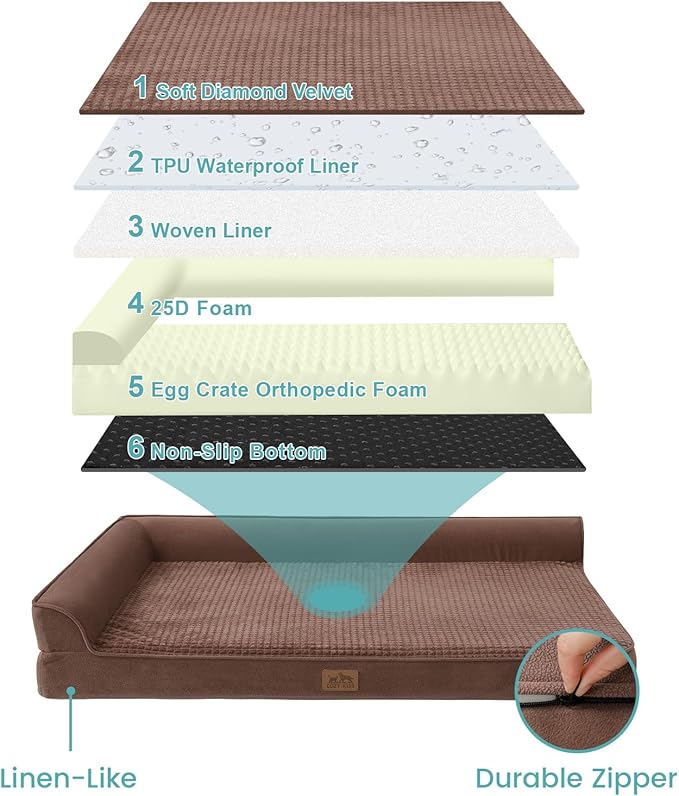 COZY KISS Orthopedic Dog Bed for Large Size Dog, XL Dogs Crate Bed, L Shaped Foam Anti-Slip Bottom Pet Cat Sofa with Washable Removable Cover, Suitable for Pet Up to 100 lbs, 42x30x7.5 inch, Brown