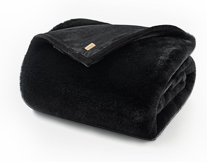 EVERGRACEHOME Luxury Soft Faux Chinchilla Fur Throw Blanket for Couch, Warm Thick Heavy Winter Throw Blanket 1220GSM for Bed, Fluffy Cozy Mink Blanket with Reversible Velvet, Black Noir Mink, 50"x60"