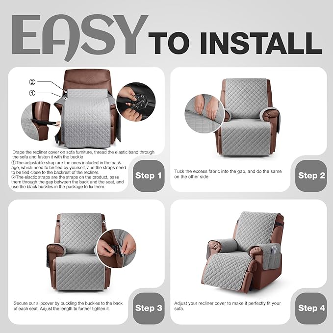 KinCam 100% Waterproof Recliner Chair Cover, Reclining Couch Covers for Pets, Dogs, Recliner Couch Slipcover Furniture Protector with Elastic Straps for Kids(28", Light Gray)