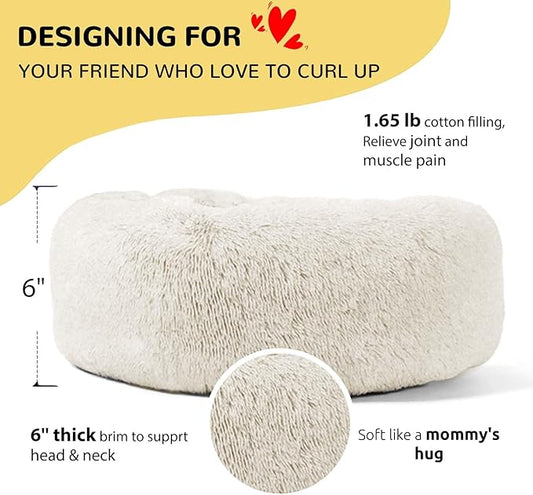 HACHIKITTY Calming Donut Cuddler Dog Bed, Round Fluffy Pet Bed for Small Dogs,Washable, Large, White, 24''