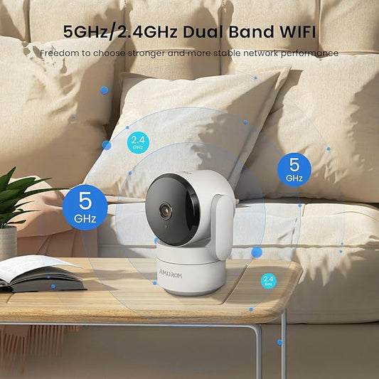 AMOROM 2K Pan-Tilt Indoor Security Camera, 360° Pet/Dog Monitoring, Motion Tracking, Night Vision, 2-Way Audio, Motion Alerts, Compatible with Alexa & Google Assistant (2.4GHz & 5GHz)