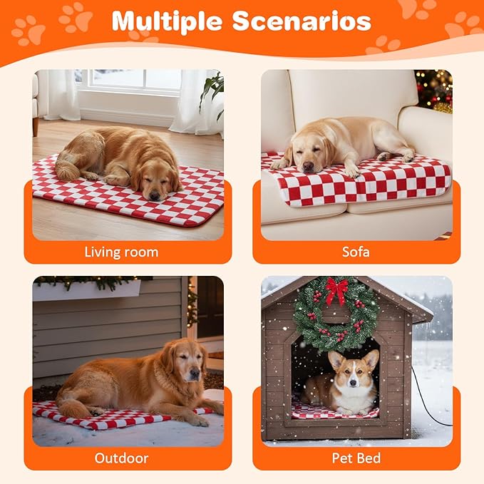 Dog and Cat Heating Pad, 12 Adjustable Temperature & Timer with Chew Resistant Cord, Indoor Pet Heated Bed Mat for Cats and Dogs (Red, 35.4x23.6in)