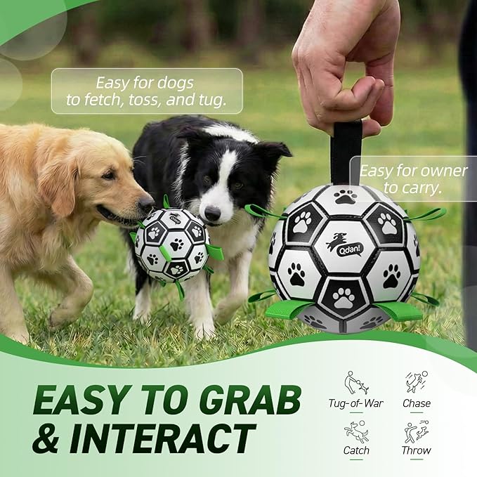 QDAN 2 PCS Dog Toys Soccer Ball Set with Straps, Interactive Dog Toys for Tug of War, Puppy Birthday Gifts, Dog Water Toy, Durable Dog Balls for Medium & Large Dogs(6 & 8 Inch)