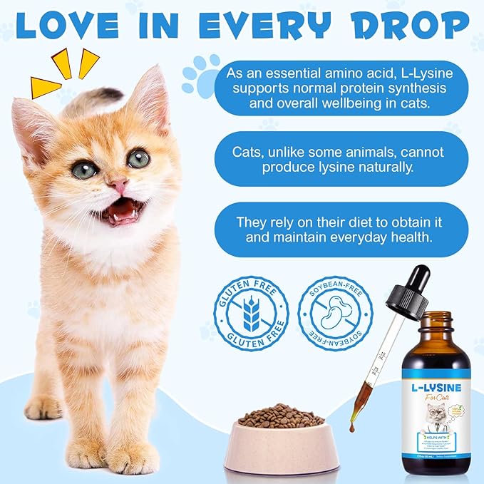 Lysine for Cats Supplement – Immune System & Respiratory Health Support for Cats & Kittens 2floz– Eye Discharge, Sneezing Relief – Tasty Easy-Mix Formula – Daily Cat Lysine for Stronger Immunity