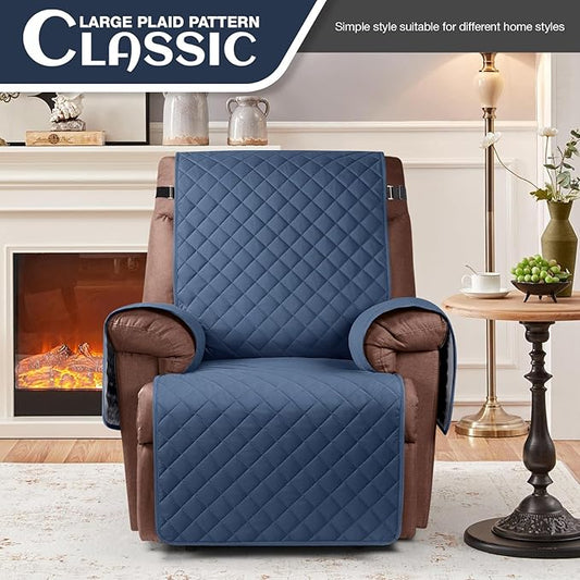 KinCam 100% Waterproof Recliner Chair Cover, Reclining Couch Covers for Pets, Dogs, Recliner Couch Slipcover Furniture Protector with Elastic Straps for Kids(23.6", Blue)