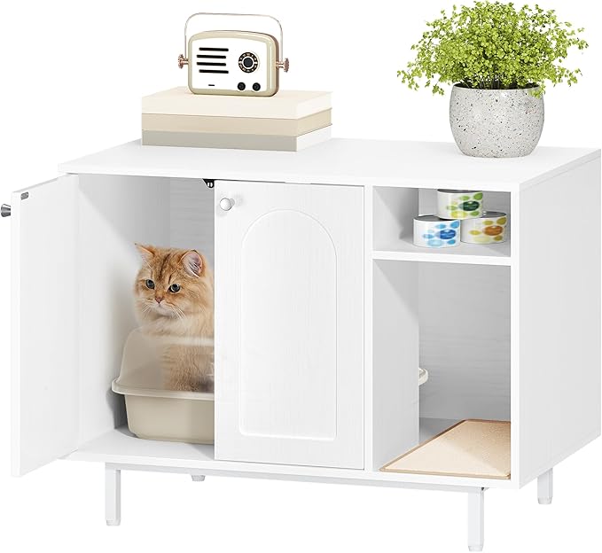 Hzuaneri Cat Litter Box Enclosure Enclosed, Hidden Litter Box Cabinet Furniture with Storage, Wooden Indoor Cat House Large, Modern End Table for Living Room Entryway, White CB01513W