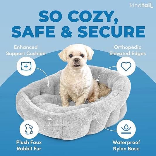 KindTail Medium Orthopedic Dog and Cat Bed - Faux Fur Luxury Cuddler for Pets Under 25lbs, Comfortable Waterproof Material with Nylon Base - 25" x 21" x 12" (Light Grey, Medium)