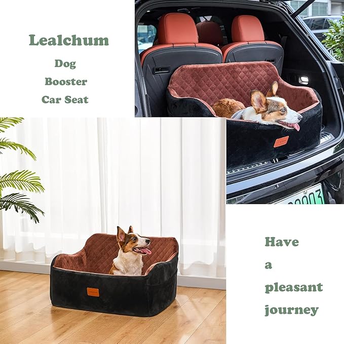 Lealchum Dog Car Seat for Medium/Large Dogs,2 Clip-On Safety Leashs for 2 Small Dogs,Removable and Washable Comfy Pet Car Seat,Easy to Install and Clean (Black/Red, Large)