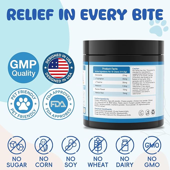 500 Calming Chews for Cats, Helps Reduce Stress with Melatonin, Relaxation for Travel, Boarding,Separation, Grooming Anxiety -with Ashwagandha, Organic Chamomile, L-Theanine & L-Tryptophan Chicken