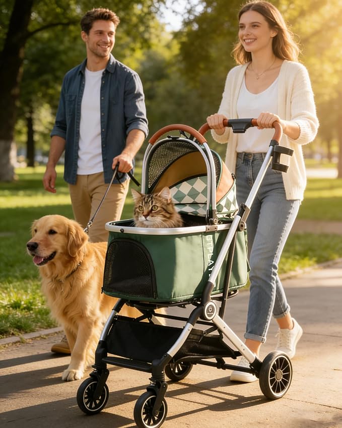 GTPLAYER 3 in 1 Pet Stroller with Removable Carrier, Foldable Stroller for Small/Medium Dogs and Cats, All-Terrain, with Sun Shades, Car Seat, Up to 45 lbs, Green