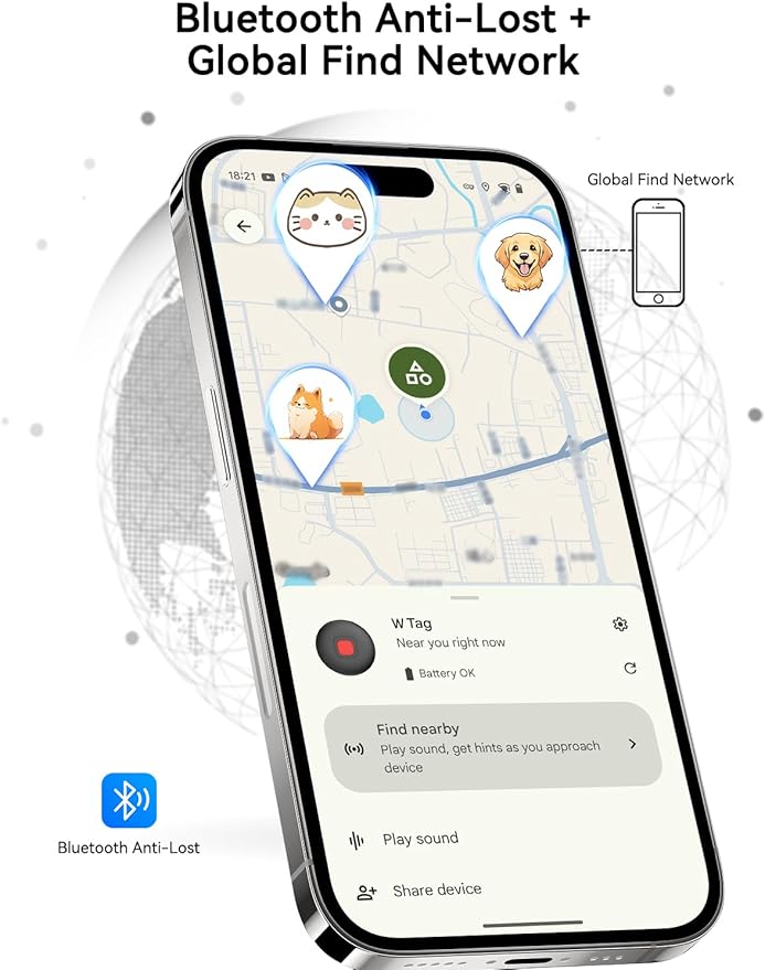 Bluetooth Dog Tracker Tag, Pet Tracker for Dogs with Silicone Collar Holder, Works with Apple Find My & Android Find Hub, IP67 Waterproof Anti-Lost Locator