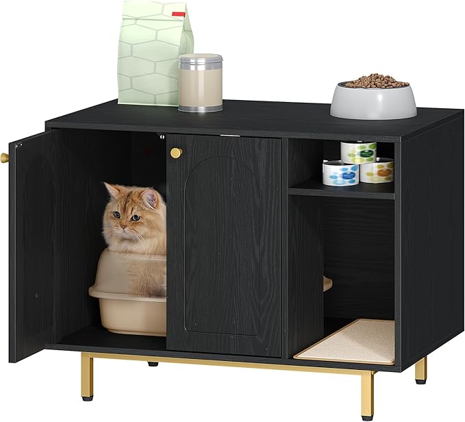 Hzuaneri Cat Litter Box Enclosure Enclosed, Hidden Litter Box Cabinet Furniture with Storage, Wooden Indoor Cat House Large, Modern End Table for Living Room Entryway, Black and Gold CB01504G