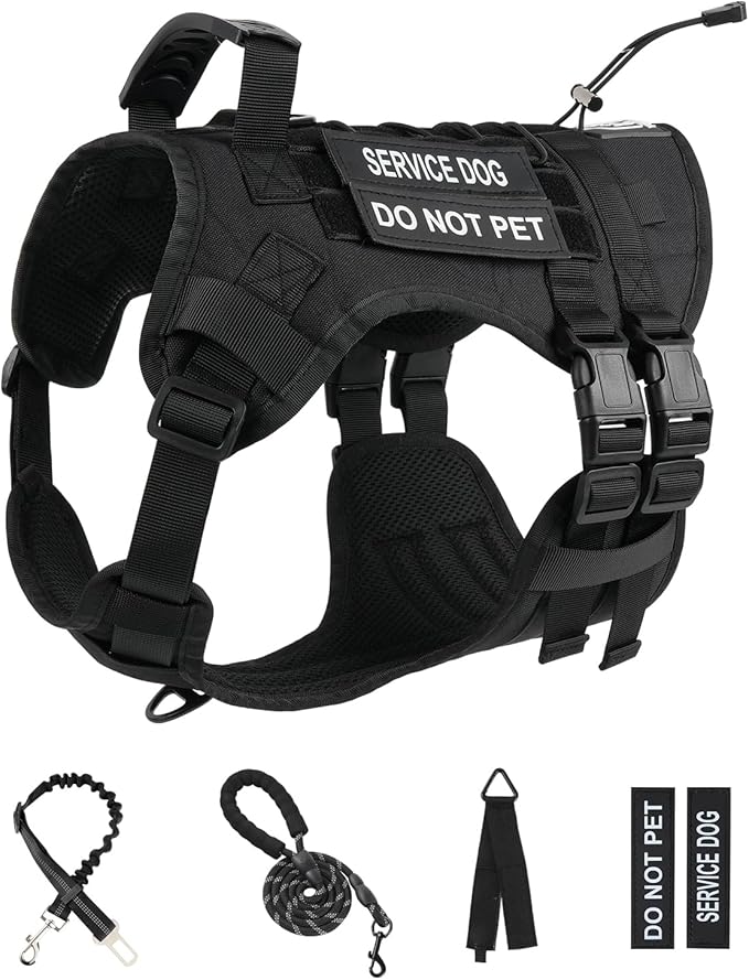 No Pull Tactical Dog Harness for Large Dogs, Escape Proof Molle Dog Vest Harness and Leash Set, Adjustable Military Service Dog Harness with Handle for Medium Large Dogs(Black, L)