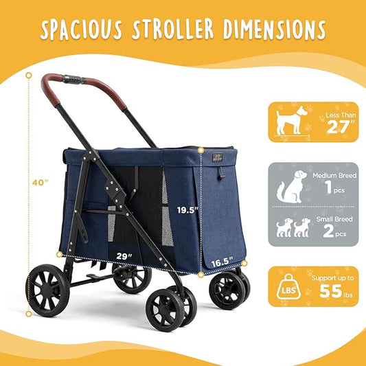 CANINE CANYON Scout Pet Stroller, Heavy Duty Dog Stroller for Small/Medium Dogs, Foldable Pet Stroller with All-Terrain Wheels, Breathable Mesh, Storage Pocket & Cup Holder, 55 lbs Capacity, Navy Blue