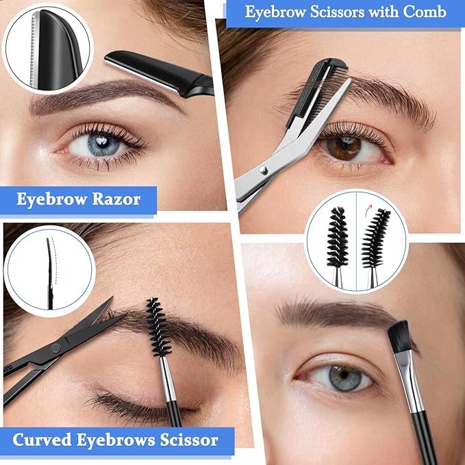 TsMADDTs Eyebrow Kit, 8 in 1 Eyebrow Trimmer Scissors, Tweezers for Women, Razor, Brush with Travel Bag, Tweezers Set for Women and Men, Professional Shaping Grooming Kit