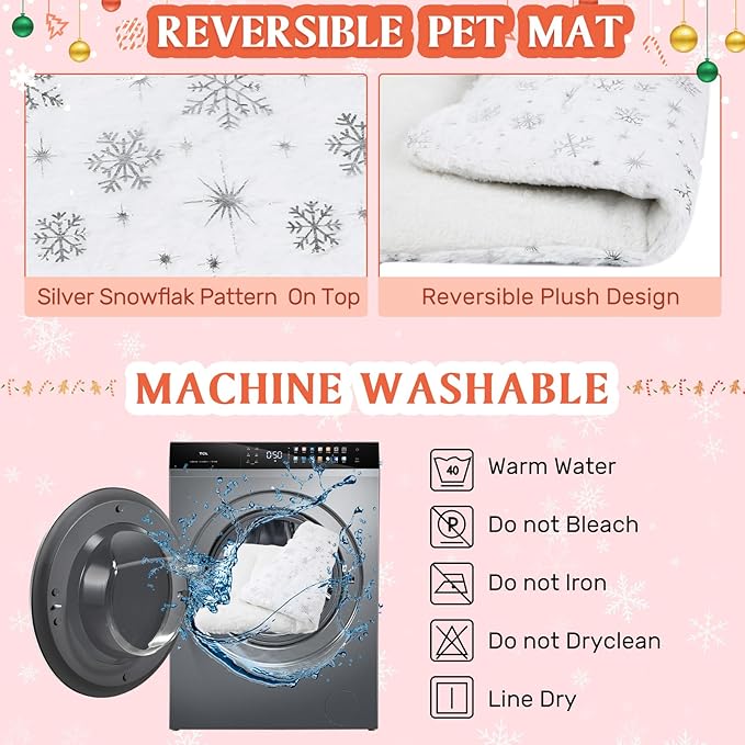 2 Pack Winter Self Warming Cat Mat Snowflake White Self Heating Pad Bed 22" x 18" Reversible Reflects Body Heat Machine Washable Thermal Pet Blanket for Winter Indoor Pet Kitten Dog Crate