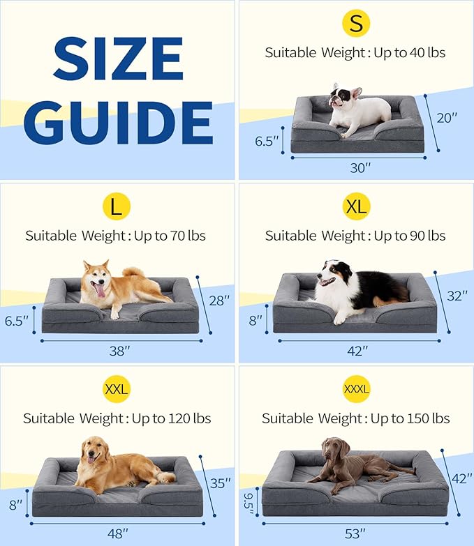Made4pet Large Dog Bed, Orthopedic Extra Large Dog Sofa Egg-Crate Foam 42" Pet Couch Bed with Washable Waterproof Cover,Gray