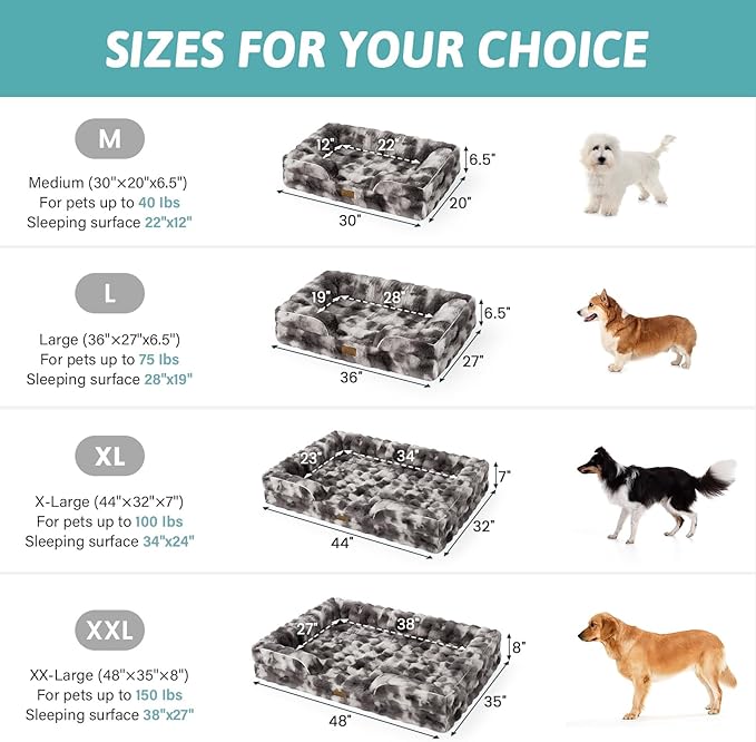 COZY KISS Orthopedic Dog Bed for Large Medium Size Dog, Soft and Warm Faux Fur Sofa for Pet Up to 75 lbs, Foam Bolster Anti-Slip Couch with Washable Removable Cover, L 36x27x6.5 inch, Tie Dye Grey