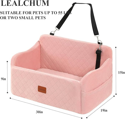 Lealchum Dog Car Seat for Medium/Large Dogs,2 Clip-On Safety Leashs for 2 Small Dogs,Removable and Washable Comfy Pet Car Seat,Easy to Install and Clean (Pink, Large)