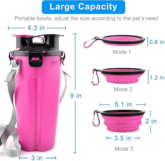 Guardians Dog Travel Water Bottle Collapsible Bowls, 2 in 1 Pet Food Container with Collapse Bowls, Outdoor Portable Water Bowls for Walking, Traveling, Camping and Hiking (Pink)