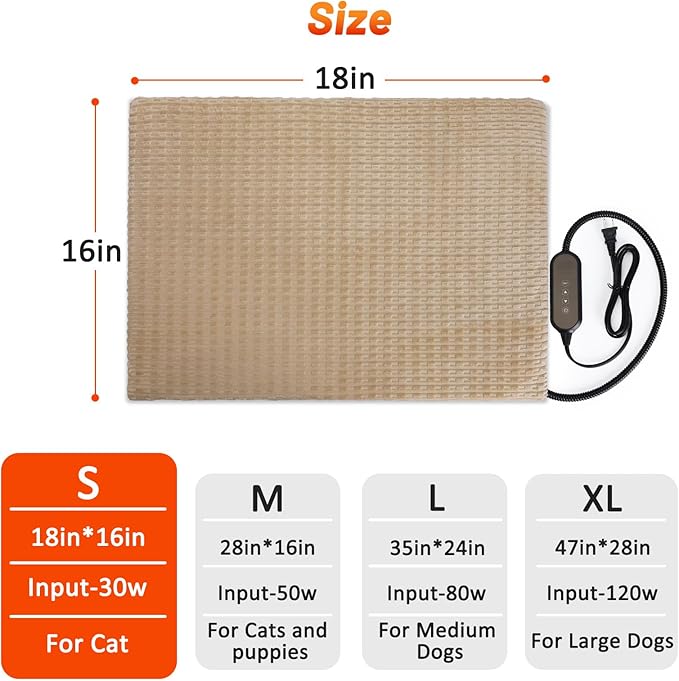 Heated Cat Bed, Waterproof Heated Cat Dog Bed with Adjustable Temperature & Timer, Electric Pet Mat for Indoor Cats Dogs, Chew Resistant Steel Cord(Small: 18"x16" Brown)