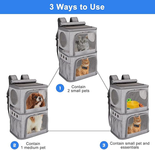 2-in-1 Extra Large Double Pet Carrier Backpack for Small Cats and Dogs, Portable Pet Travel Carrier, Super Ventilated Design, Ideal for Traveling/Hiking/Camping, XL