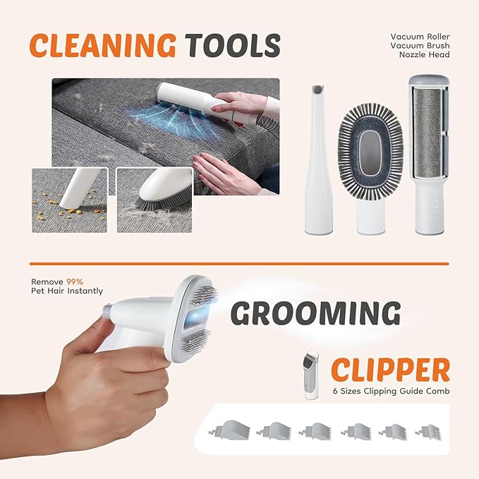 Sweetcrispy 2.5L Cup Professional Pet Grooming Vacuum Kit, 3 Suction Modes and 5 Groomer Tools with Cordless Low Noise Dog Clippers for Cats, Other Animals Hair Trimmer