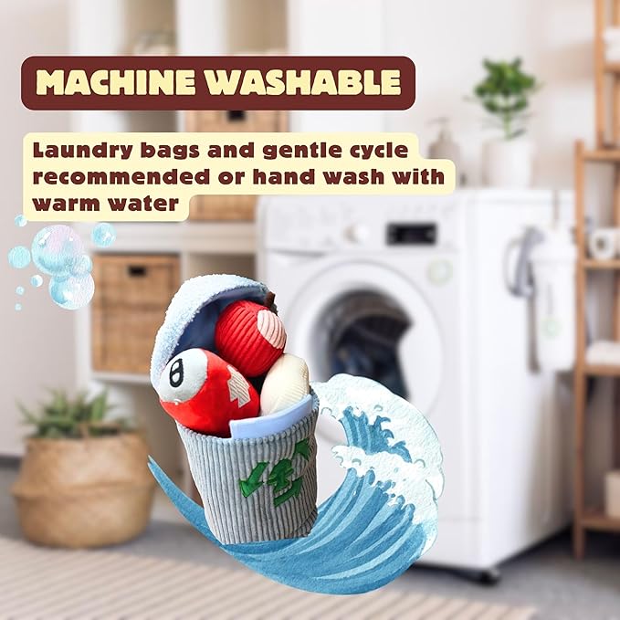 Dog Squeaky Toys, Plush Puzzle Dog Toy for Small Medium Large Dogs, Chew Fetch Brain Stimulating Toy, 3 Durable Small Toys with a Big Trash Can