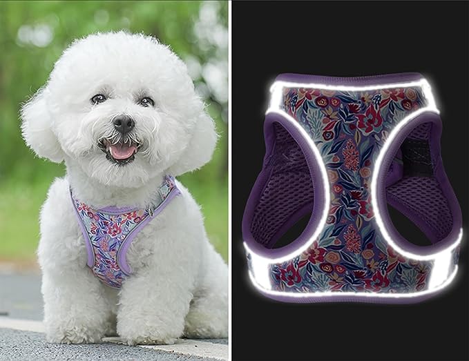 Small Dog Harness Purple Flowers No Pull Reflective Step in Vest Harness Mesh Padded Soft Harness for Small Medium Dogs Cats