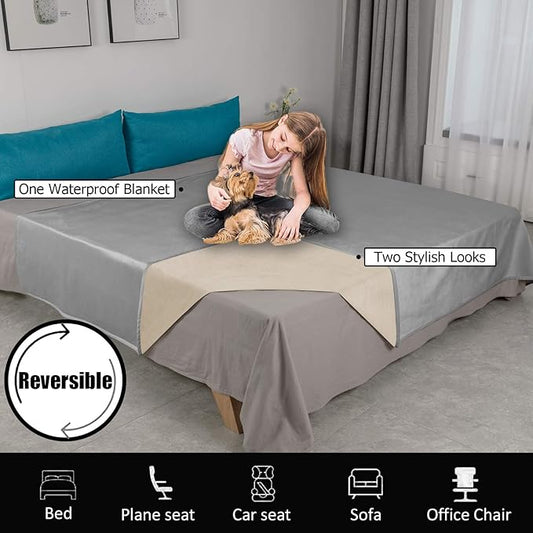 Ameritex Pet Bed Blanket Reversible 100% Waterproof Velvet Super Soft for Sofa and Bed (68x82 Inches, Light Grey+Beige)