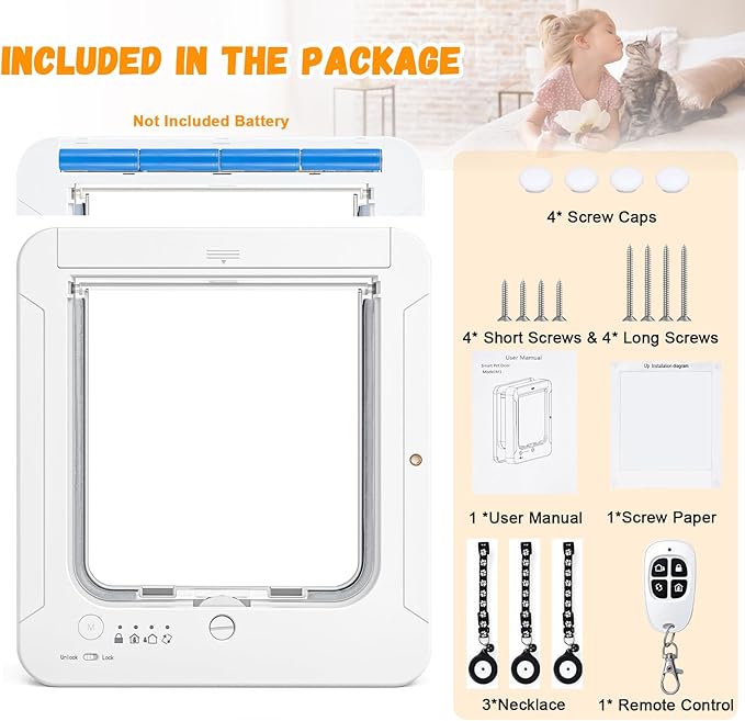 Smart Cat Door for Interior & Exterior, RFID Cat Pet Door with 3 Collar Sensor Keys & 1 Remote Control & 4 Way Locking Cat Flap with Collar Sensors Activated Opening CatDoor (White) (White)