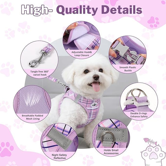 Gyuzh Small Dog Harness and Leash Set for Puppy & Kitten - 3-in-1 No Pull Step in Vest Collar, Lightweight Reflective Plaid, Padded Handle (Purple, XS)