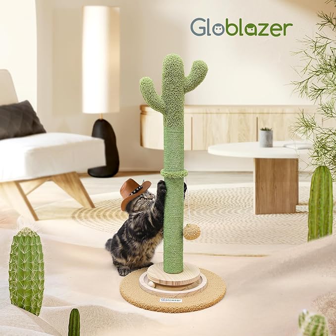 Globlazer Tall Scratching Post for Cats, Cactus Cat Scratching Post Cat Scratcher Cute Sisal Large Cat Scratching Post with Modern Wooden Ball Tracking Interactive Toys, SC30