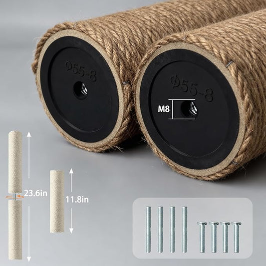 4 Pack Cat Scratching Post Replacement, 11.8 x 2.7 Inch Sisal Poles with M8 Screws, Refill Parts for Indoor Cat Towers and Furniture Repair-Brown