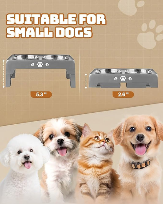 Jovrun Elevated Dog Bowls for Small Dogs and Cats, Non-Slip Cat Bowls with 2 Thick 5.5" Stainless Steel Dishes, Dog Feeder 2 Heights Adjustable to 2.6"-5.3"