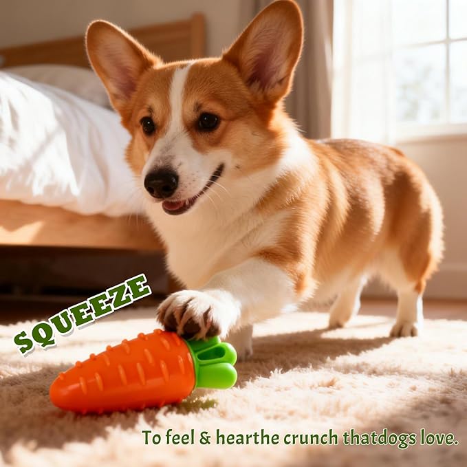DAMAH Indestructible Carrot Dog Toy for Aggressive Chewers with Squeaky, Rubber Tough Dog Squeaky Chew Toys Teeth Cleaning Toy for Large, Medium and Small Breeds