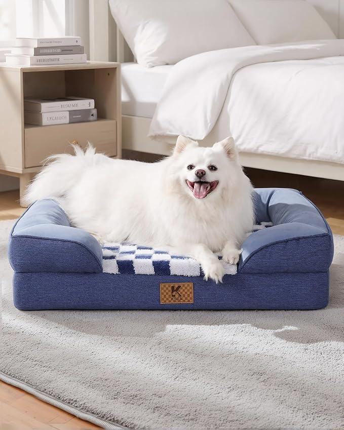 KSIIA Waterproof Dog Bed Orthopedic for Large Senior Dog Couch with Sides, Extra Thick Supportive Pet Bed Sofa with Soft Plush Cover and Non-Slip Bottom, 44 x 32 Inch, Blue