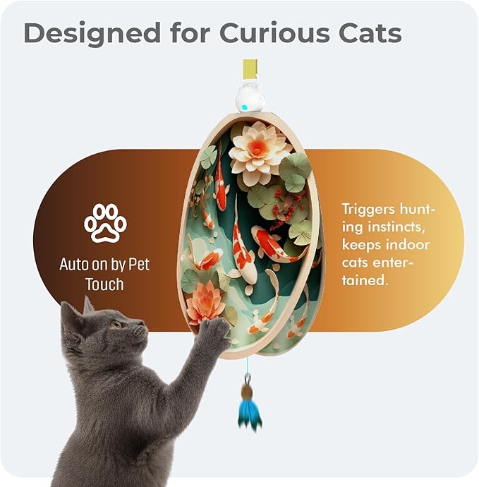 OtterVerz 11 Interactive Cat Toys for Indoor Cats, Automatic Concealed Hide and Seek Hanging Feather Cat Toy, Rechargeable Motion-Activated Enrichment Toys for Bored Adult Cats (Fish Pond Pattern