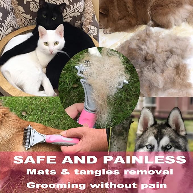 Pet Dematting Comb - 2 Sided Undercoat Rake for Cats & Dogs - Safe Grooming Tool for Easy Mats & Tangles Removing - Medium and Long Haired Cats Dogs Brush for Shedding